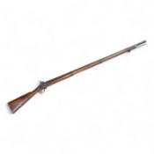 An Indian military style percussion musket, fully stocked, barrel 115cm, with military style brass