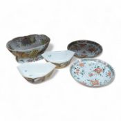 A pair of Chinese famille verte dishes, early 18th century and three 19th century Chinese bowls to