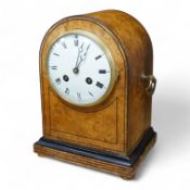 A French late 19th century domed topped burr walnut mantel clock, 23cm high