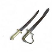 A British Pioneer’s sidearm with brass stirrup hilt, lion’s head pommel and sawback blade,