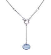 Georg Jensen, a blue topaz necklace, centring on a hook clasp suspending an oval blue topaz pendant,