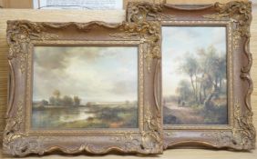 E. Adams (19th. C), Riverscape and pathway, signed, pair of oils on board, 19 x 24cm, ornate frame