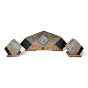 An Art Deco four colour marble clock garniture, with key,
