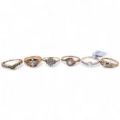 Six gem-set rings, comprising: one set with brilliant-cut diamonds; four set with colourless