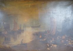19th century, English school, Harbour view with figures and boats beyond, oil on canvas, yellow
