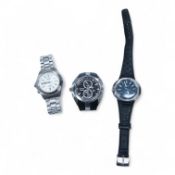 A gentleman's 1970's stainless steel Omega Dynamic manual wind wrist watch, with blue dial and baton