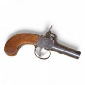 A boxlock percussion pocket pistol with turn off barrel, Birmingham proofs, trophy engraved frame,