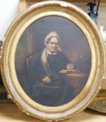 19th century, British School, Portrait of Mrs Burgh, signed and dated 1881, oval oil on canvas, gilt