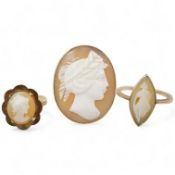 A group of three shell cameo rings, two depicting a classical lady in profile, one of navette-shaped