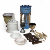 A collection of ceramics and glassware to include a lustre with drops, a bisque figure group and
