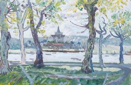 J C V Brooks, Riverscape with church beyond, signed verso, impasto oil on canvas, 44 x 67cm
