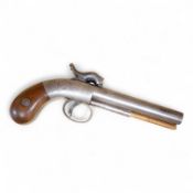 A double barrel American boxlock percussion pocket pistol with rounded frame roll engraved with