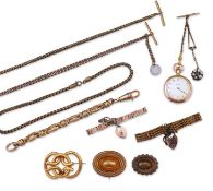 A group of gilt metal/pinchbeck jewels, 19th and early 20th century, comprising: a brooch of knotted