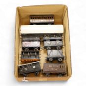 Nine 0 gauge railway coarse scale GWR and private owner freight wagons, mainly of wooden