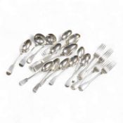 A matched part canteen of 19th century silver fiddle pattern flatware, various dates and makers,
