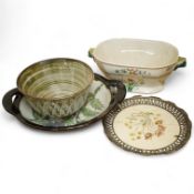 A signed studio pottery bowl together with a similar dish, a Copeland Spode tureen retailed by