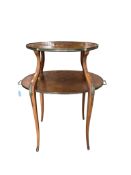 A gilt metal mounted oval mahogany two tier etagere, width 72cm, depth 46cm, height 88cm.