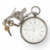 A late Victorian silver open faced keywind chronograph pocket watch, by J. Hargreaves & Co of