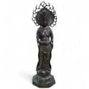 A large Chinese bronze and champleve enamel figure of a Bodhisattva, archaic style seal mark to