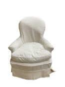 A 19th century French upholstered spoon back armchair, width 75cm, depth 72cm, height 86cm