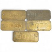 Five brass LNER engraved railway locomotive plates; ‘Not To Be Removed’, locomotive numbers; 8056,