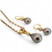 A cultured pearl and diamond demi-parure, comprising: a pendant, suspending a drop-shaped cultured