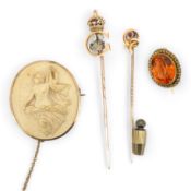 A collection of jewels, comprising: a stick pin, capped with the 'C' cipher with crowned ostrich