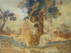 A gilt framed early 19th century silk chenille embroidered and hand painted figurative pastoral
