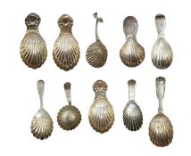 Ten assorted 19th and 20th century silver caddy spoons, with shell or fluted bowls, to include