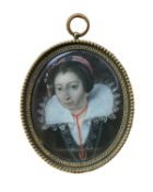 Dutch school, 17th century A portrait miniature of a lady wearing a lace ruff and coral necklace,