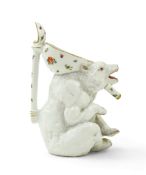 A Dresden porcelain ‘bear’ jug, late 19th century, the handle modelled as a ladle, pseudo crossed