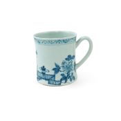 A Worcester blue and white scratch cross type mug or can decorated with the Zig-Zag Fence pattern,