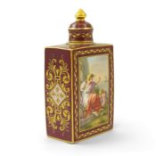 A Vienna style porcelain tea caddy and cover, late 19th century, painted to each side with a