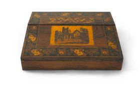 A Tunbridge ware rosewood writing slope, mid 19th century, the sloping fall decorated with a