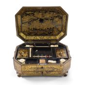 A Chinese export gilt decorated black lacquer sewing box, 19th century, typically decorated with