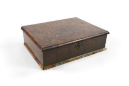 A William and Mary oyster olivewood veneered lace box, inlaid with boxwood stringing, 43.5cm wide,