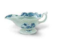 A Worcester blue and white Triangular Platform pattern high footed sauce boat c.1755, workman's