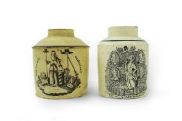 Two Leeds creamware Dutch market tea caddies, c.1790, the first transfer printed with portraits,