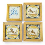 Three Spanish polychrome maiolica ‘animal’ tiles, Triana, early 18th century and a Delft blue and