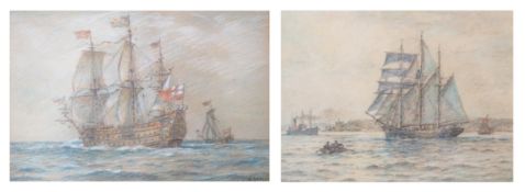 § § Bernard Finegan Gribble (1872-1962)'Three Masted Ships at Sea' and 'Off the Coast'each signed 