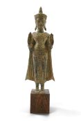 A Thai bronze figure of standing Buddha, 19th century, on a later wood pedestal, total height