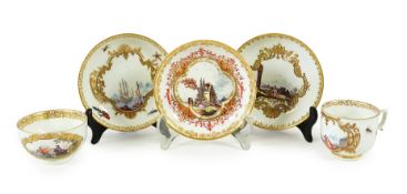 A Meissen cup and saucer, similar tea bowl and two saucers, c.1735-45, the coffee cup with