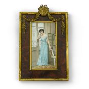 Mathieu Deroche (French fl.1866-1904), 'Full length portrait of a lady in an interior', enamel on