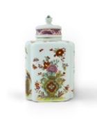 A Meissen polychrome tea caddy and cover, c.1760, of square form with re-entrant corners, painted in