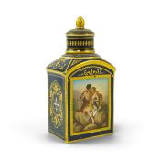 A Vienna style porcelain tea caddy and cover, late 19th century, painted with a hunter and companion
