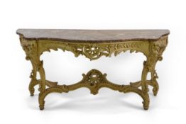 A 19th century Louis XV style marble topped painted serpentine console table the variegated top over