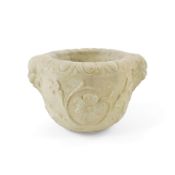 A sculpted limestone mortar, Southern France, 17th century, carved in relief with a pair of lion