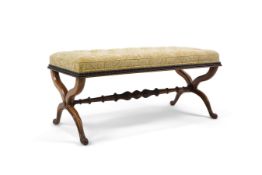 A Victorian faded rosewood rectangular X frame dressing stool with buttoned seat over a ripple