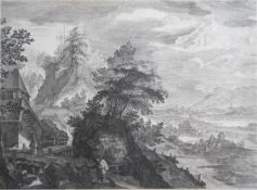 After Aegidius Sadeler the Elder (Flemish, 1570–1629)'River Landscape with Farmhouse and Pilgrims'
