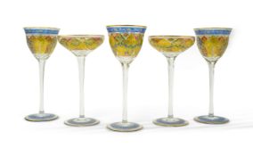 Fritz Heckert, five Jugendstil painted and gilt ‘Jodhpur’ glasses, c.1900, tallest 20cm high